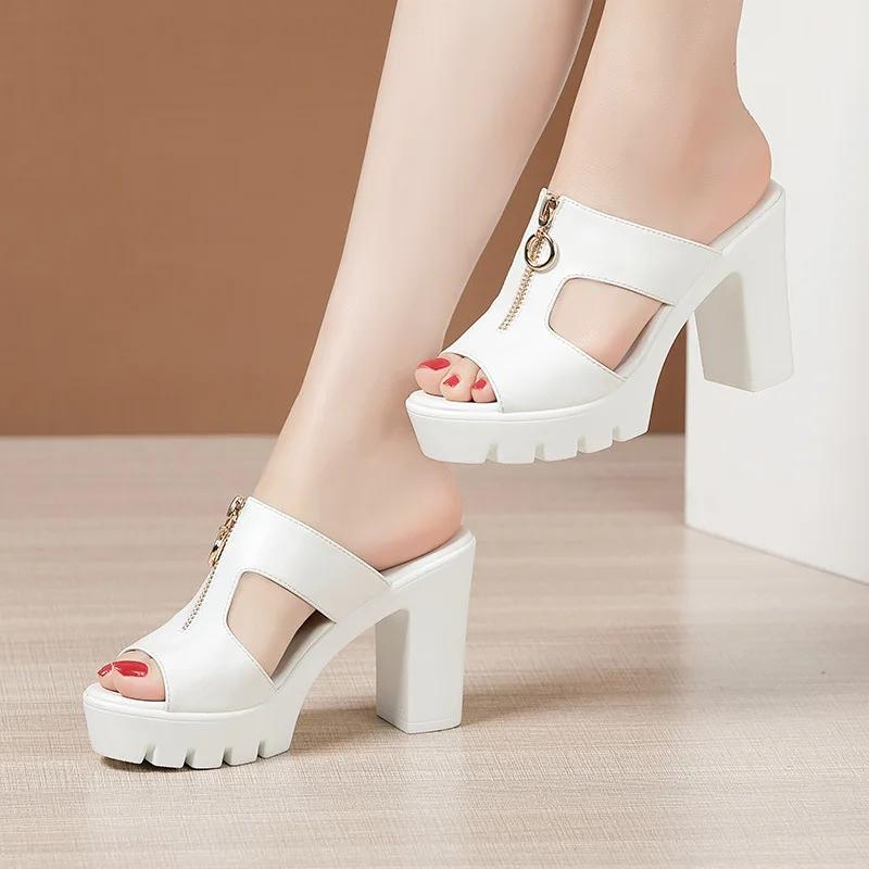 10cm Small Size 32-43 Elegant Gold Wedding Shoes Soft Leather Slippers 2025 Women's Block High Heels Sandals Slides for Office