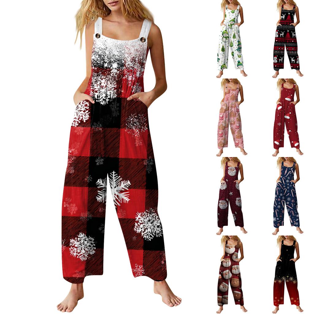 Dámský ležérní overal bez rukávů s vánočním potiskem, bavlněný overal