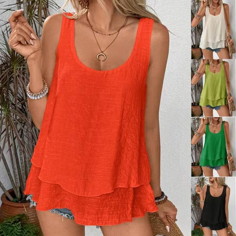 Two Double-layer Cotton and Linen Sleeveless Round-neck Casual Vests for Spring and Summer