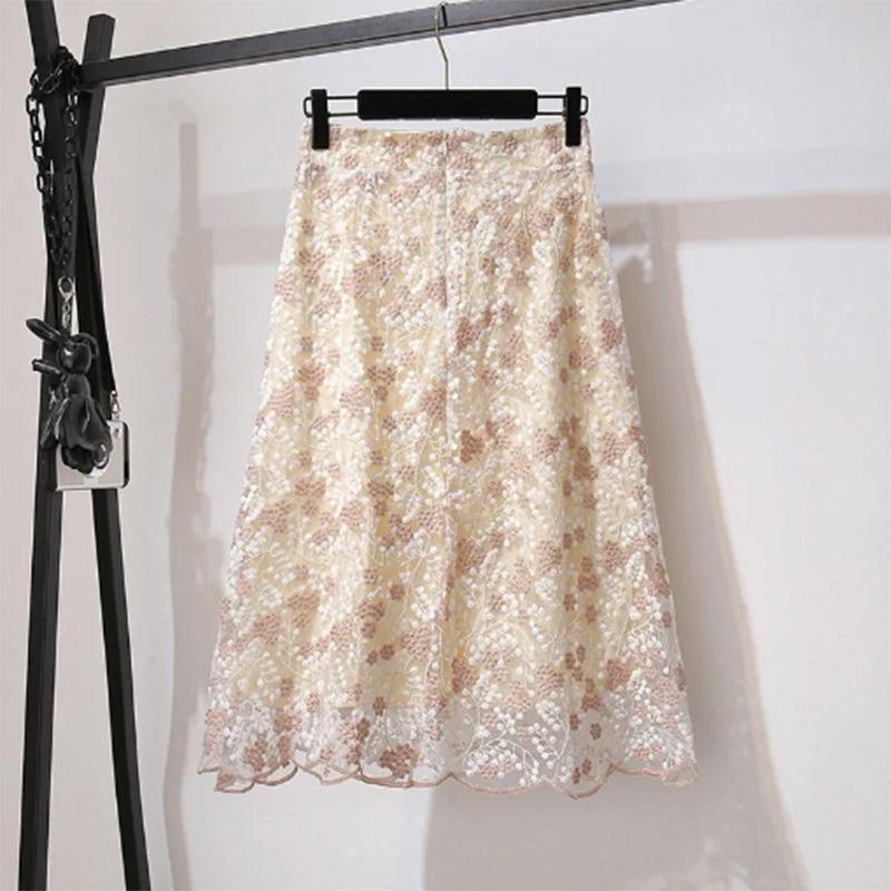 

Весенне-летняя юбка со свежей цветочной вышивкой в ​​тяжелой промышленности, кружевная юбка, юбка-миди, облегающая юбка трапециевидной формы, сказочная юбка XXL розовый