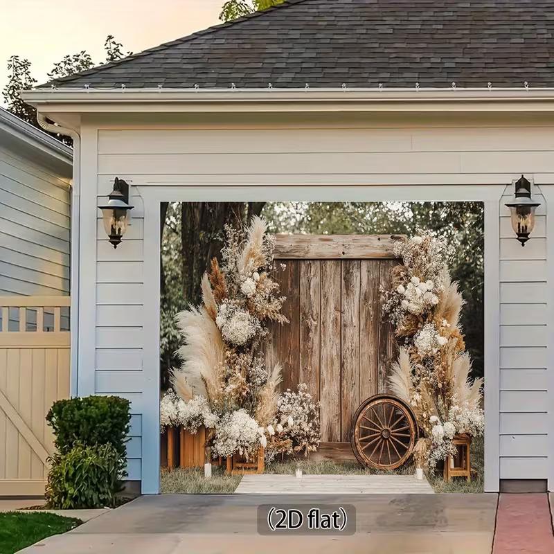 

2D Western Rustic Wedding Backdrop with Pampas Grass & Wood Wheel, Boho Party Decoration 47.2x31.5inch/120*80cm