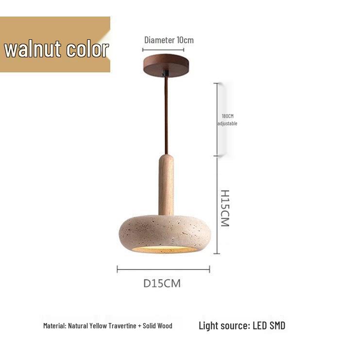Retro Wabi-Sabi Yellow Travertine Pendant Light - Small Bedside Lamp for B&B or Bar, Solid Wood Round Ball Design