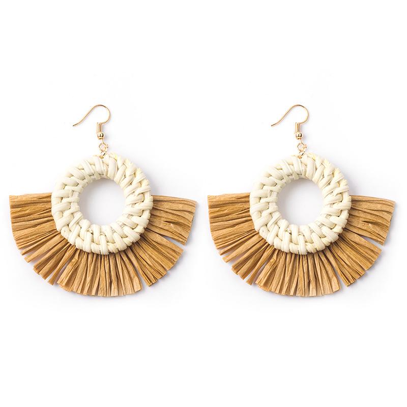 Hand-Woven Geometric Rattan Raffia Earrings, Retro Resort Fan Stud Earrings, Earrings For Women