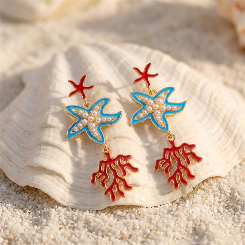 Elegante Seestern Korallen Ohrstecker für Damen Sommer Ozean Stil Blaue Emaille Zweig Hängeohrringe Strandurlaub Schmuck Geschenk