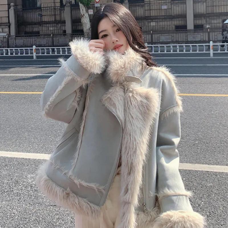 

Осенне-зимняя короткая куртка из искусственной замши и меха, флисовая и более толстая зимняя новая куртка из интегрированного меха, теплая верхняя женская одежда S 80-100 светло-синий