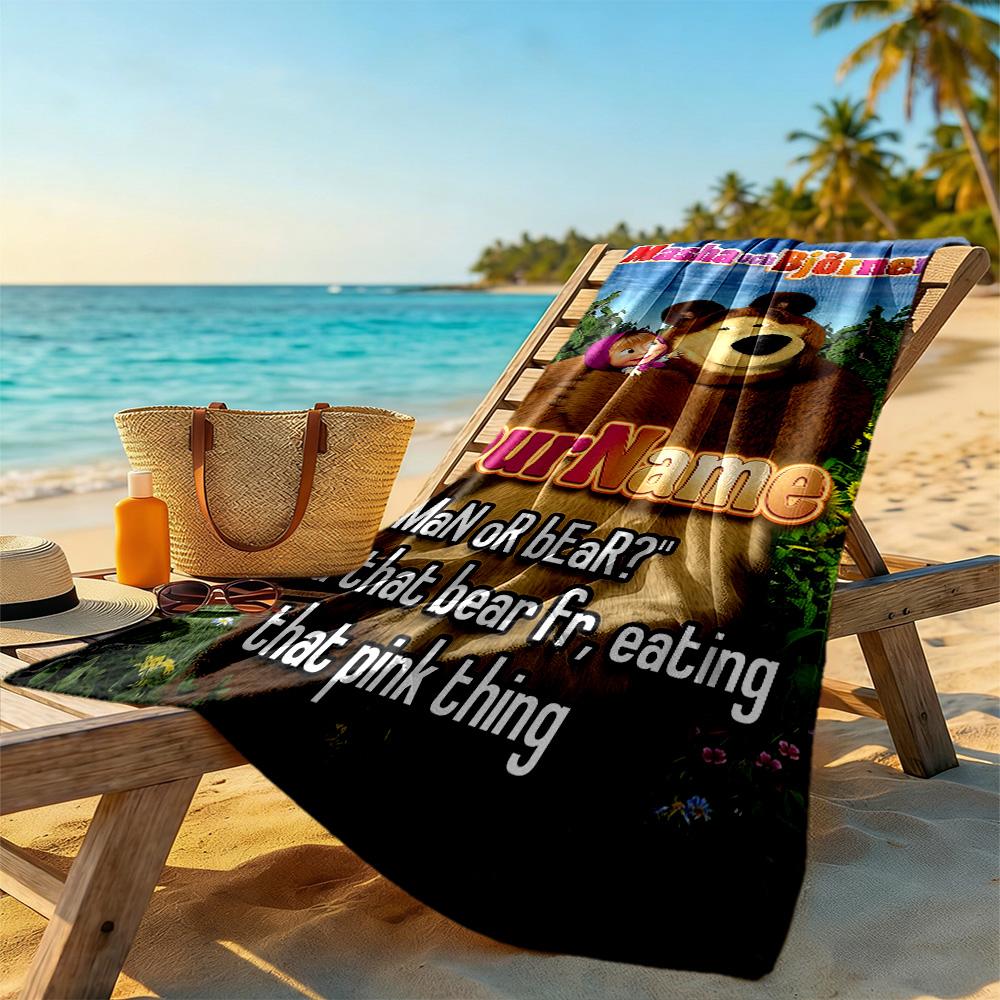 Masha Bear Customizable Name Beach Towel Soft Durable Quick-Dry Ideal for Travel Outdoor Swim Pool Yoga Surf Camping Hiking Gym Gift Holiday