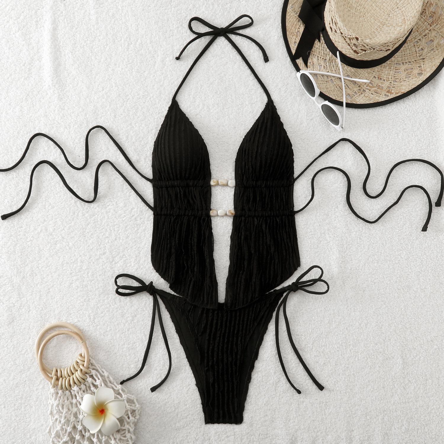European and American split bikini beaded double rope tether irregular split swimsuit solid color sexy bikini S чёрный