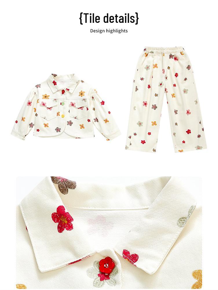 2025 Herbst Mädchen Off-White Denim-Set mit kleiner Blumenstickerei - Koreanischer Stil Zweiteiler für den Kindergarten