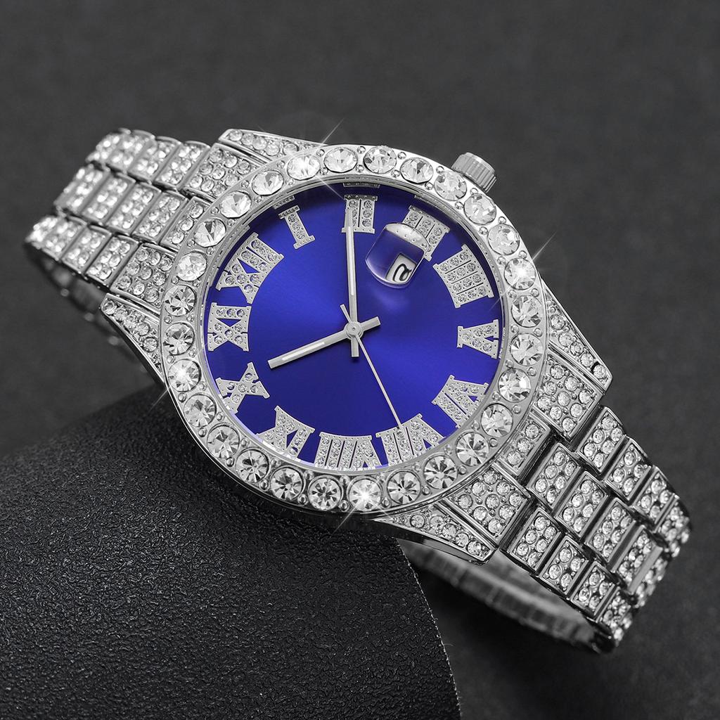 Fashion Full Diamond Men's Watch Stainless Steel Band Male Quartz Wristwatches Date Calendar Watches