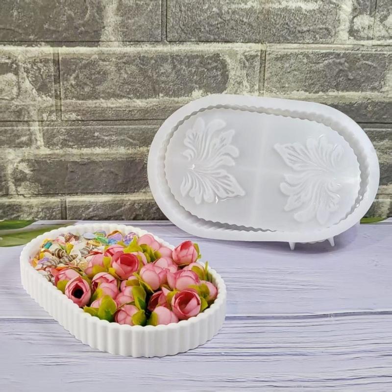Oval Shape Storage Tray Silicone Mold with Flower Pattern Handmade Concrete Tray Casting Mould For Desktop  Shelf Decors