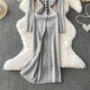 Jesień Wiosna Kobiety Elegancki Sweter Dzianinowy z Dekoltem w Serek Jednorzędowy Długie Sukienki Midi z Rozcięciem