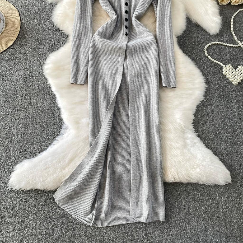 Jesień Wiosna Kobiety Elegancki Sweter Dzianinowy z Dekoltem w Serek Jednorzędowy Długie Sukienki Midi z Rozcięciem