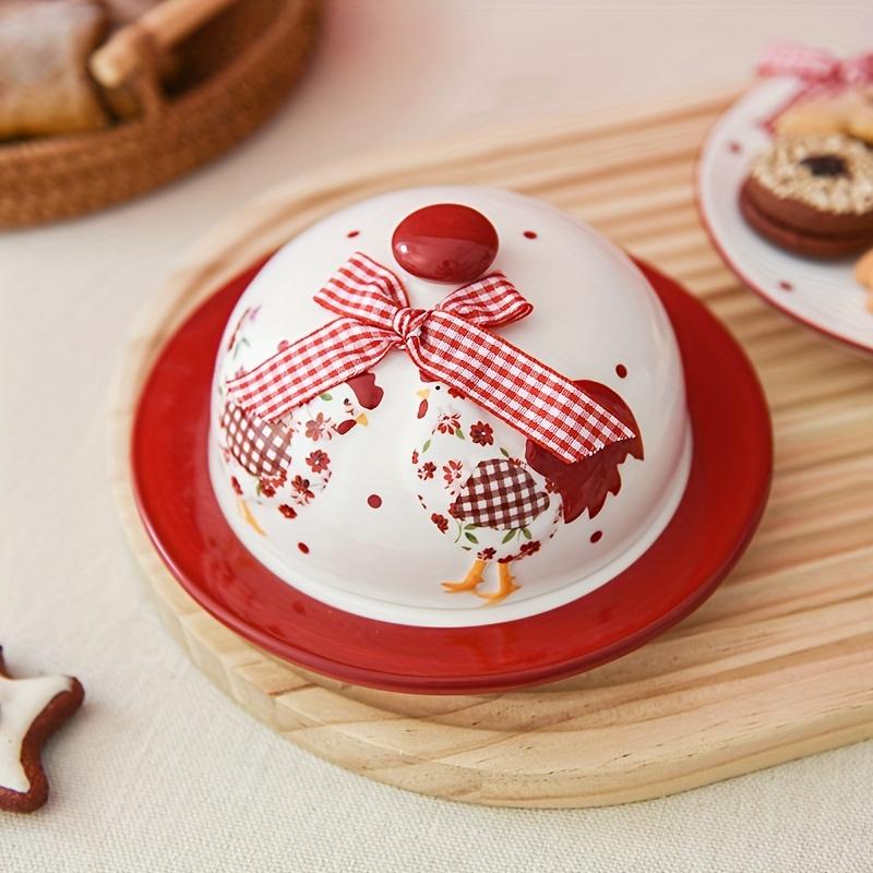 Rustic Red Floral Chicken Ceramic Butter Dish, Farmhouse Style Dessert Plate, Easter Tableware, Food-Safe Decorative Snack Bowl
