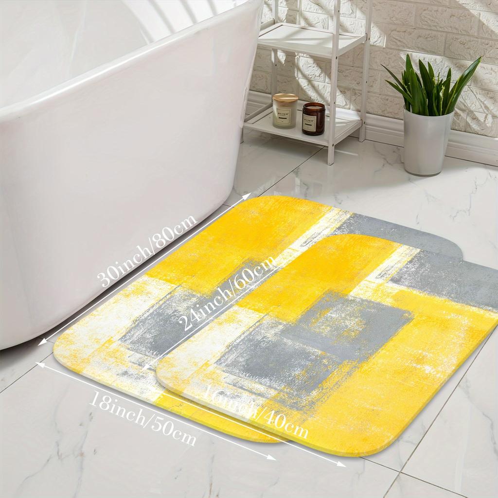Yellow and Gray Bath Mat - Modern Geometric Non-Slip Floor Mat for Kitchen - Washable Quick-Dry Home Decor Indoor Carpet Rug