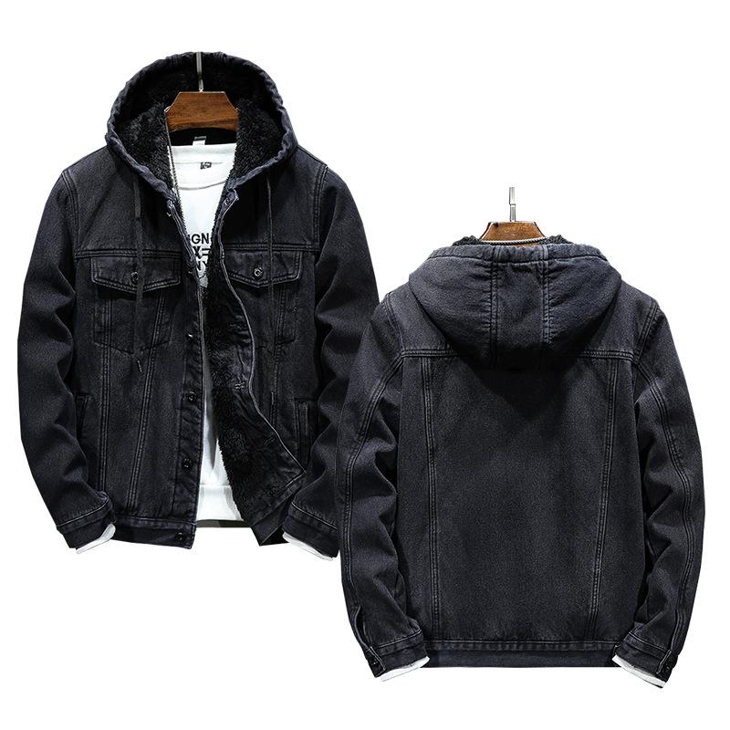 Men's Thick Warm Hooded Denim Jacket with Imitation Lambskin