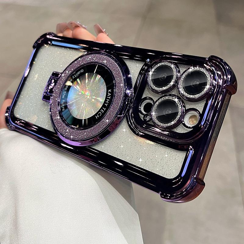 Double Bling Glitter Magsafe Bracket Case for iPhone 16 Pro Max Plus Transparent Plating Cover for iPhone 13 12 11 14 15 Pro Max