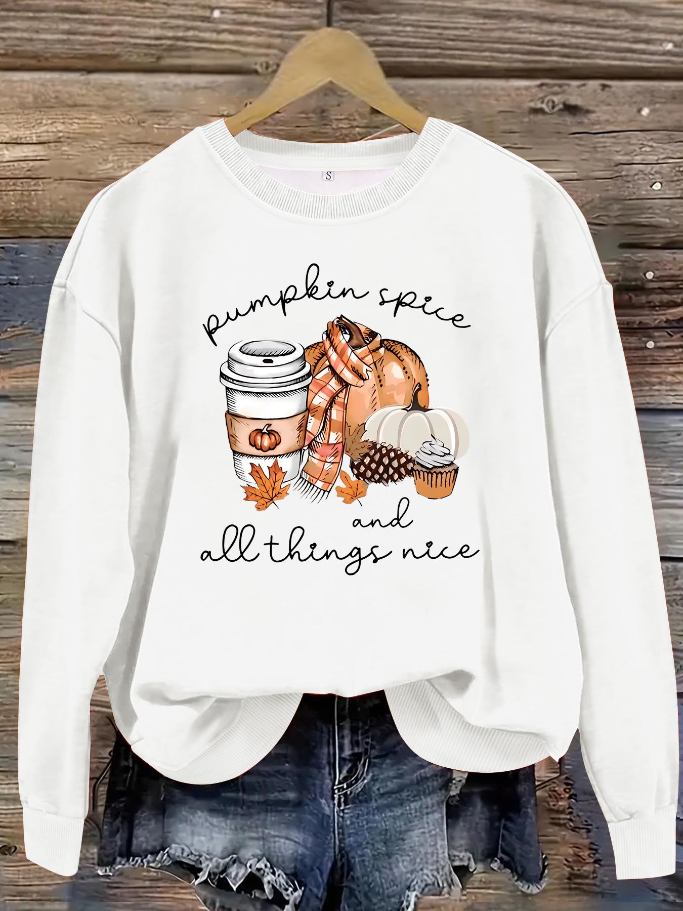 

Pumpkin Spice Print Sweatshirt - Round Neck Casual Top L белый