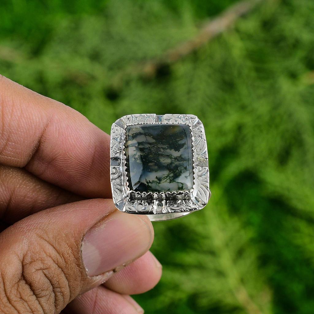 Wedding Gift For Her 925 Silver Natural Solar Moss Agate Promise Adjustable Ring