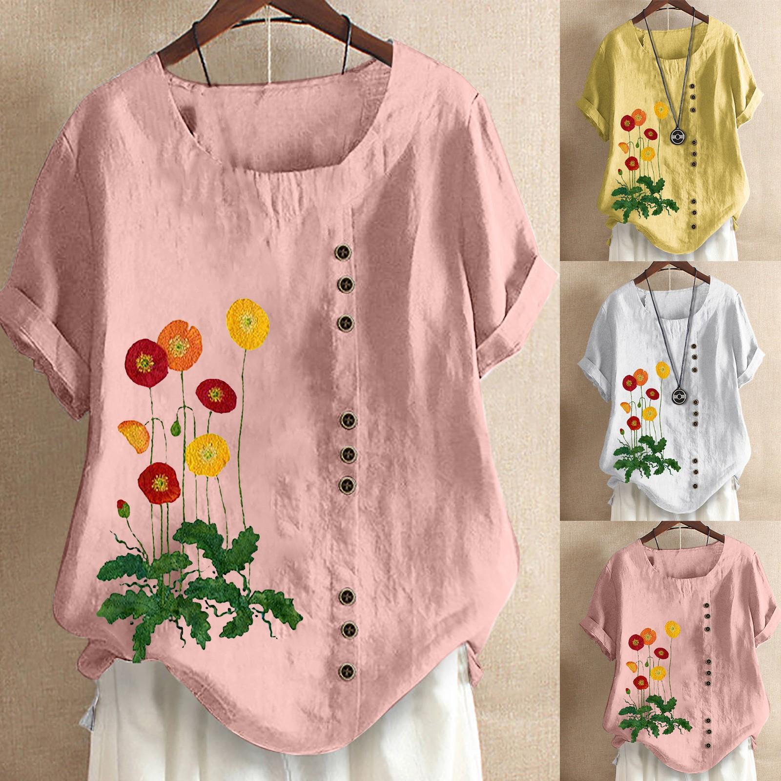 

Женские летние повседневные свободные рубашки с круглым вырезом и короткими рукавами с цветочным принтом, топы