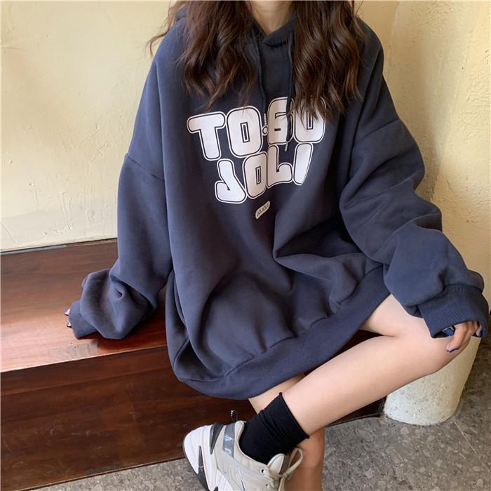 Women Long Sleeve Hooded O Neck Loose Pullovers Female Tops Solid Color Sweatshirts