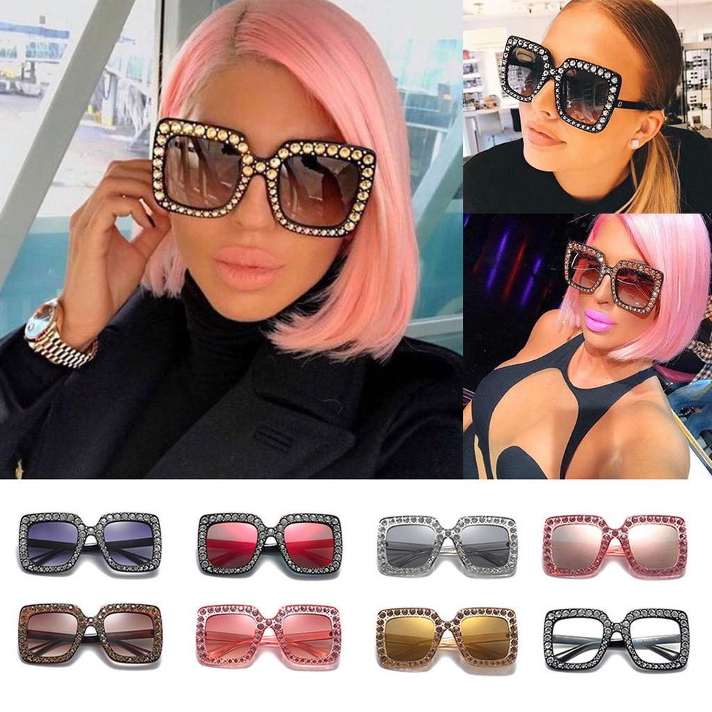 Trendy Square Frame Sunglasses With Oversized Rhinestones For Unique Fashion Style And Uv380 Protection