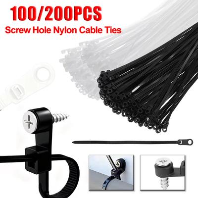 100/200Pcs Screw Hole Nylon Cable Ties Multipurpose Heavy Duty Adjustable Self-locking Cord Ties Organizer Straps Fastening Loop