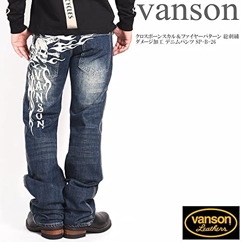 Vanson Jeans, Crossbone Skull & Fire Pattern, Fully Embroidered, Distressed Denim Pants, SP-B-26 (Size 30, Indigo)