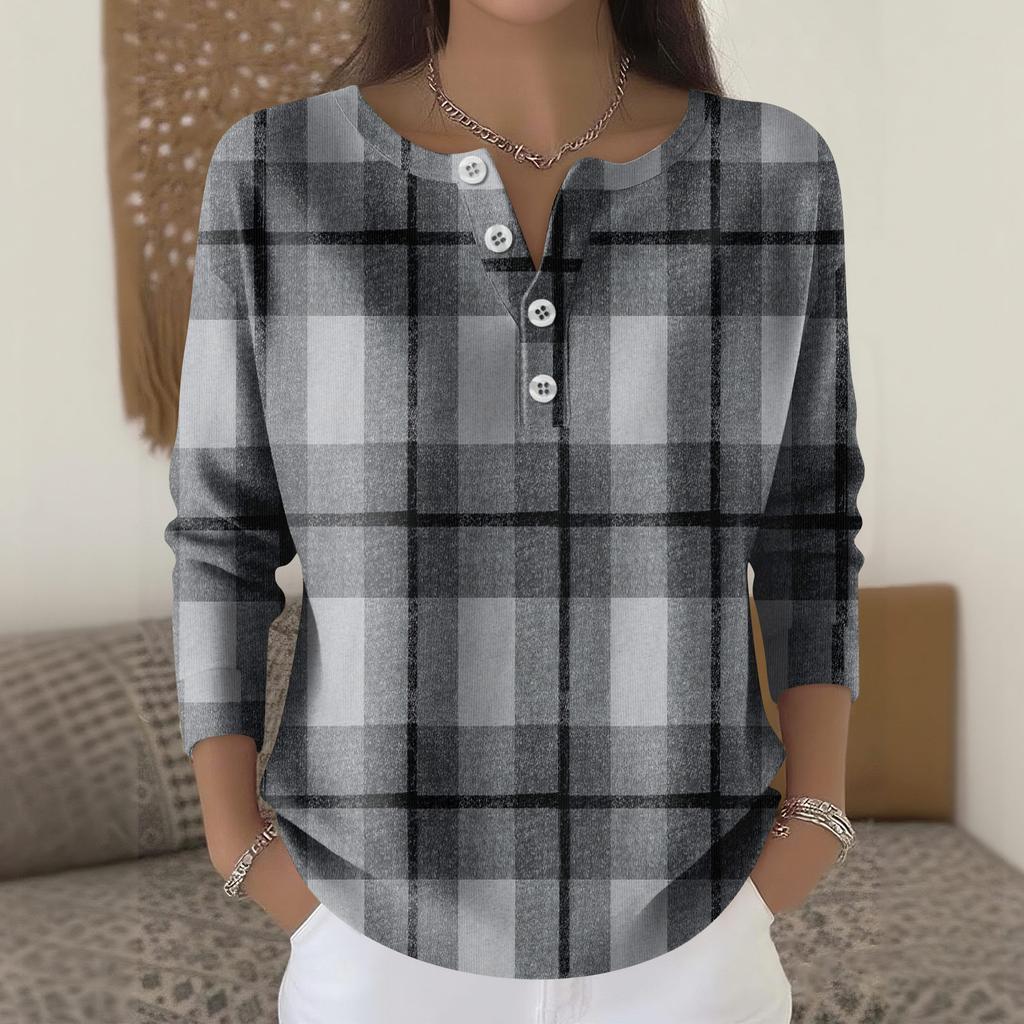 Women's Fashion Long Sleeve Plaid Geometric Print Top Elegant Casual Top
