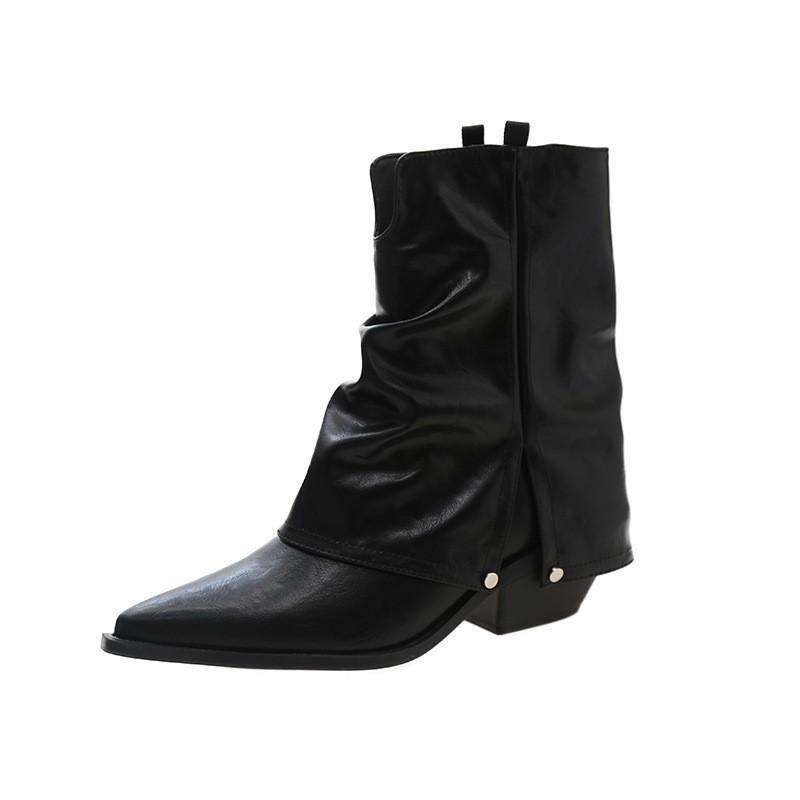 Pointy Mid-tube Boots Women's Mid-heel New Women's Pleated Pile Boots Skinny Leg Little Booties Women's Boots C951