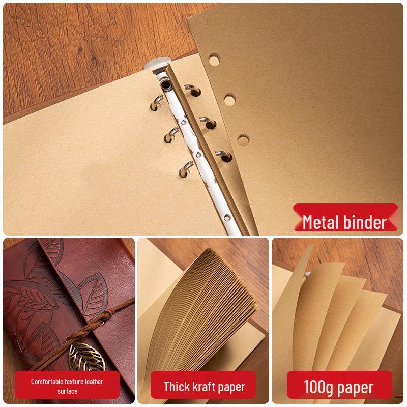 Retro A6 Leather Cover Notebook: Japanese Korean Style Planner & Travel Diary with Leaf Design and Strap.