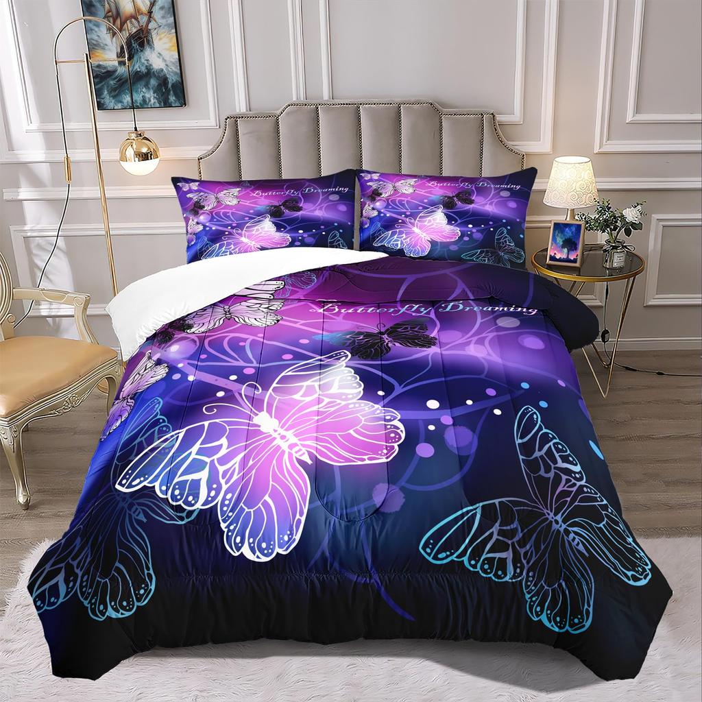 Set Biancheria da Letto Farfalle Scure per Bambine Ragazze Set Copripiumino Farfalle Set Coperta Trapuntata Copri Trapunta Camera da Letto 3 Pezzi Full King Size