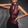 European & American Style Women's Leather Cowl Neck Waist-Gathering Asymmetrical Sleeveless Top