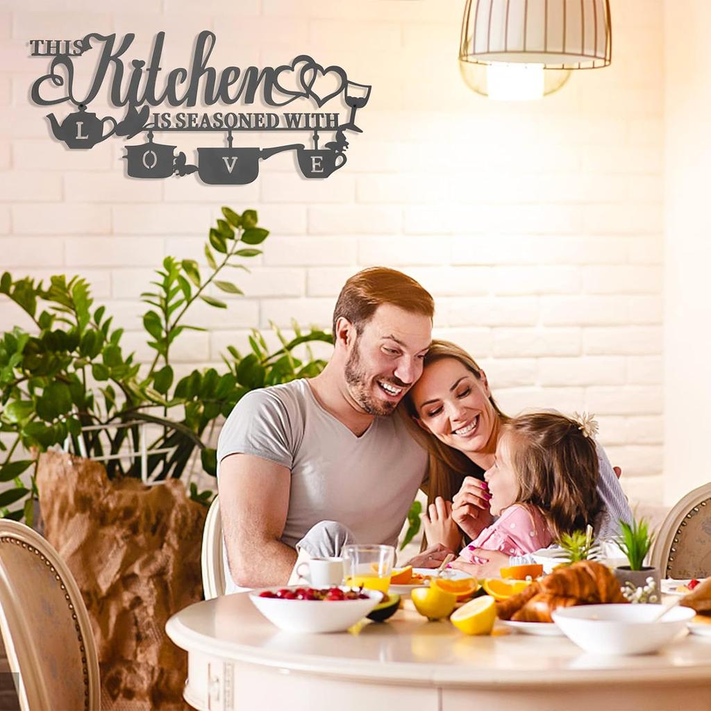 Metal Kitchen Wall Decor, This Kitchen is Seasoned with Love Black Word Name Sign Hanging Wall Art Decor, Rustic Iron Letters Quotes for Kitchen