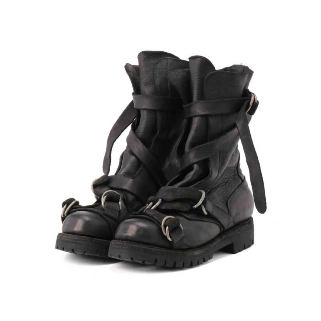 Męskie Skórzane Buty Motocyklowe Punk Retro Gruba Podeszwa Do Połowy Łydki Buty Rycerskie Czarne Miękkie Paski z Klamrą Wysokie Buty Mokasyny