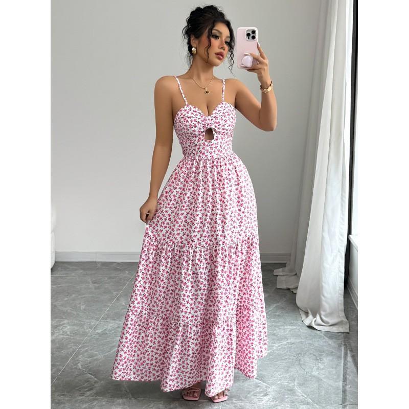 Womens Floral Print Cutout Long Sleeveless Maxi Dress With Heart Neckline High Waist Small
