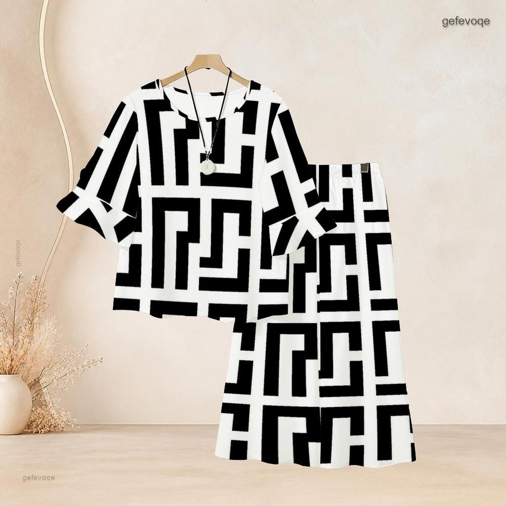 Women Plus Size Round Neck Flared Half Sleeve Top Black White Printed Long Pants Two Piece Set