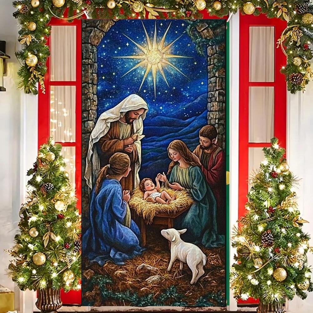 Christmas Decoration Fabric Door Banner Christmas Door Cover Set Nativity Scene Banner Decorations for Holy Night Xmas Door Sign