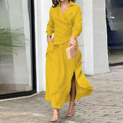 New Women's Temperament Fashionable Lapel Long Sleeve Slit Waist-hugging Dress