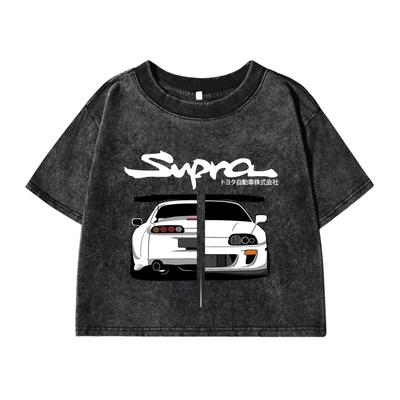 Woman Cotton Washed T-Shirts Street Regular O-Neck Crop Tees Japanese Style Cool Car Puzzle Print Short Sleeve Clothes