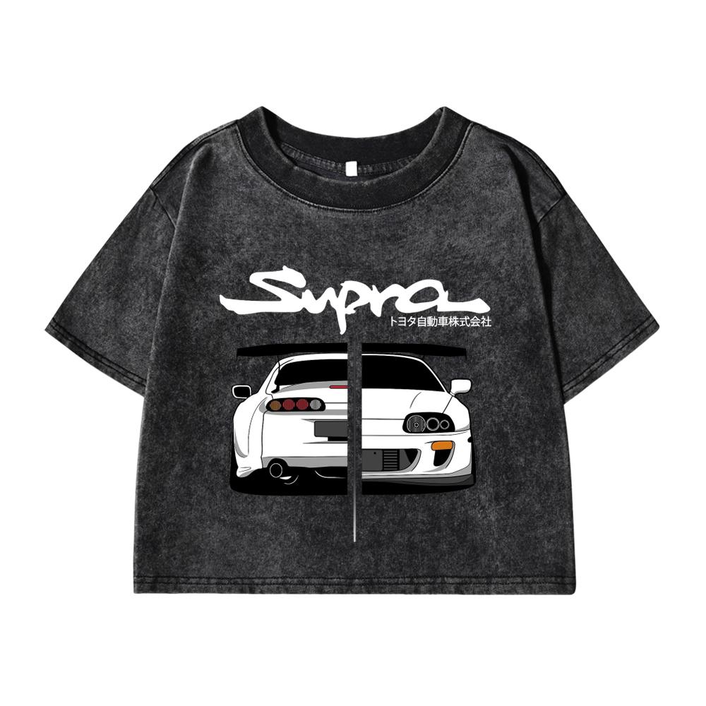 Damen Baumwolle Gewaschene T-Shirts Street Regular O-Ausschnitt Crop Tees Japanischer Stil Cooles Auto Puzzle Print Kurzarm Kleidung