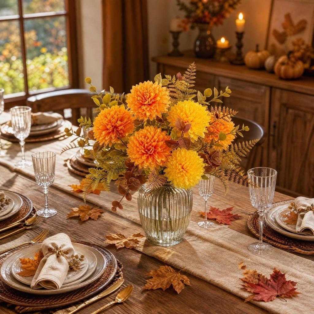 Artificial Fall Flower Arrangement with Pompon Chrysanthemums and Filler for Tabletop Vase Home Decor