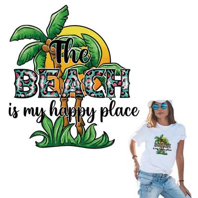 Happy Beach Iron Patch Clothes Stickers Diy Parches Ropa Hoodies Heat Press Appliqued T-Shirt Applique On Clothesthermo Transfer