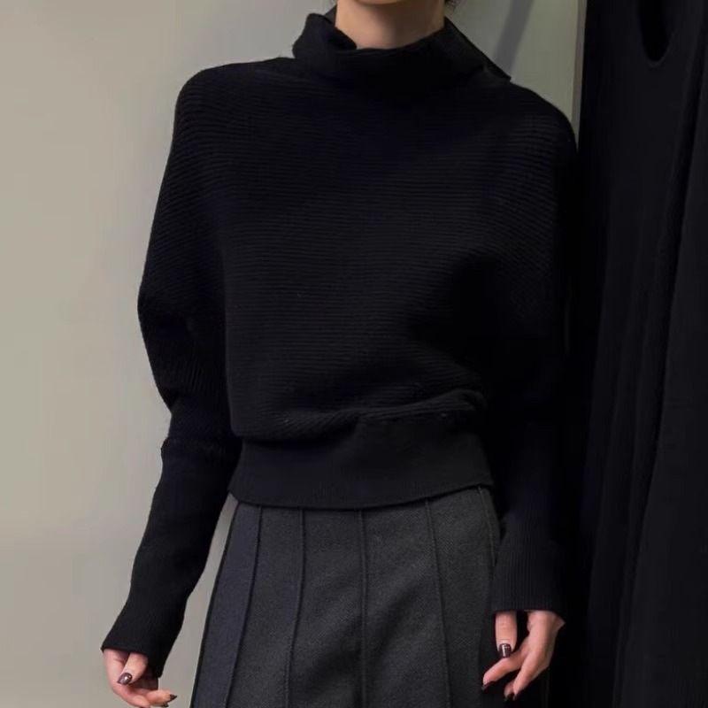

Зимний новый пуловер с высоким воротником-гольф для женщин с рукавами летучая мышь, вязаный свитер one size чёрный