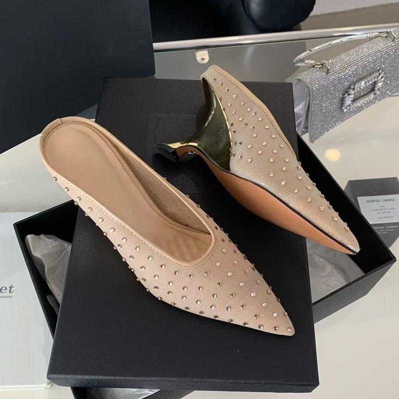 Fashion Fashion Crystal Sequined Air Mesh Women Pumps Slippers Pointed Toe Wedges High Heels Mules Spring Autumn Slingbacks Party Shoes