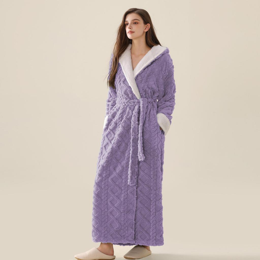 Women's Extra-Long Hooded Flannel Coral Fleece Bathrobe: Warm and Thickened for Couples
