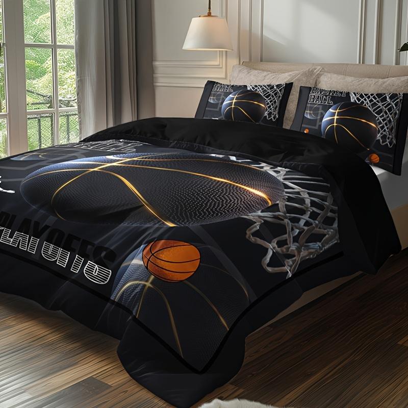 Young Boys Basketbal Print Beding Set Sports Theme Soft Duvet Cover For Children Kids Tens Bal Warm Comforter Cover Balck Bedspread Cover Rom Decor