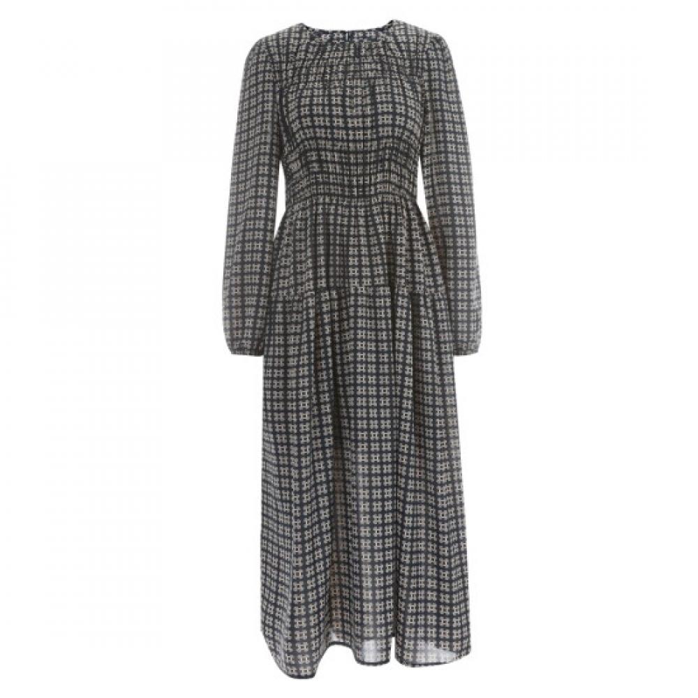 Shop Womens Cube Smoke Banding Long Sleeve Flare Long Dress Navy Cp Wdr 1558