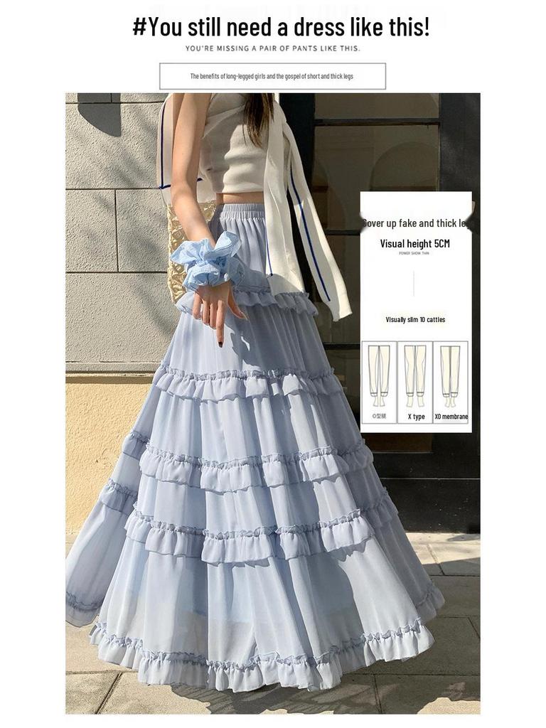 Women's French Ruffled Chiffon A-Line Dress - Slimming High Waist Fairy Skirt for Spring 2026