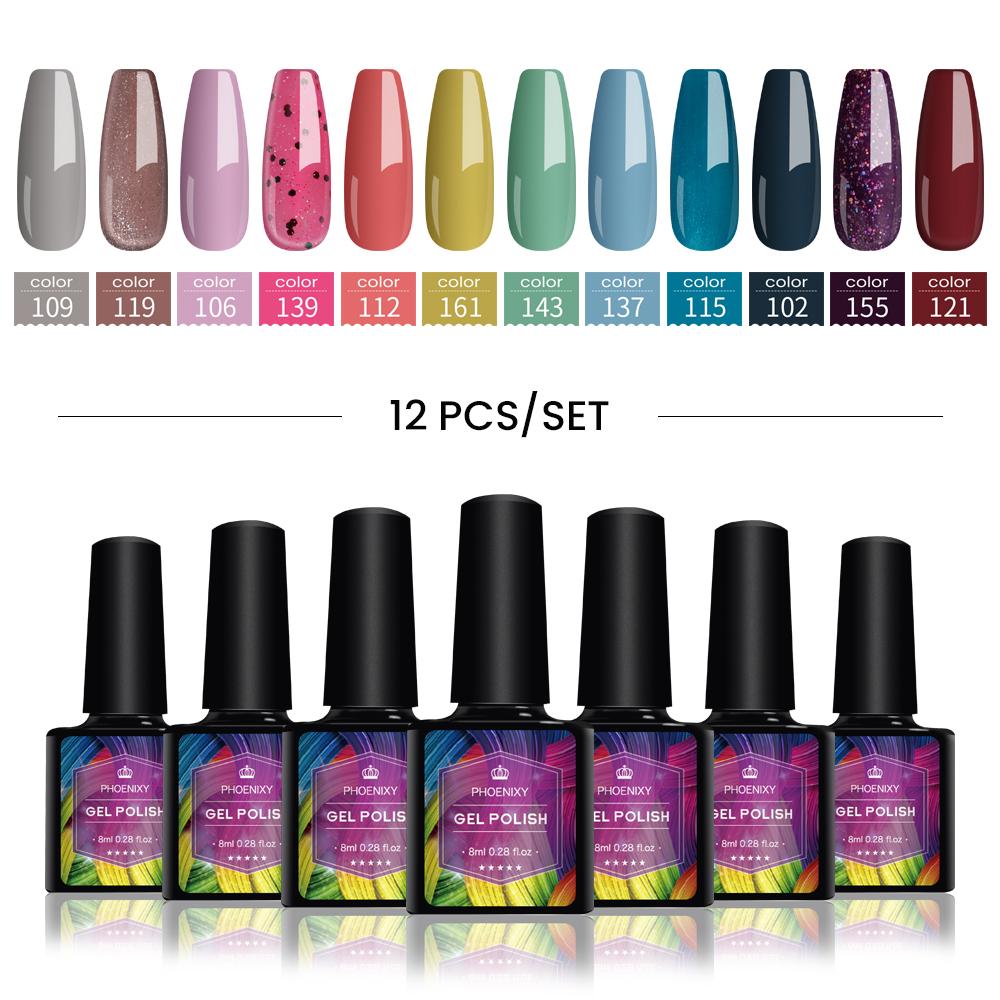 PHOENIXY 4/12/18 Farben Gel-Nagellack-Set Gel-Lack-Kit zum Einweichen der Maniküre Semi-permanente Hybridlacke Basis und Top Nail Art