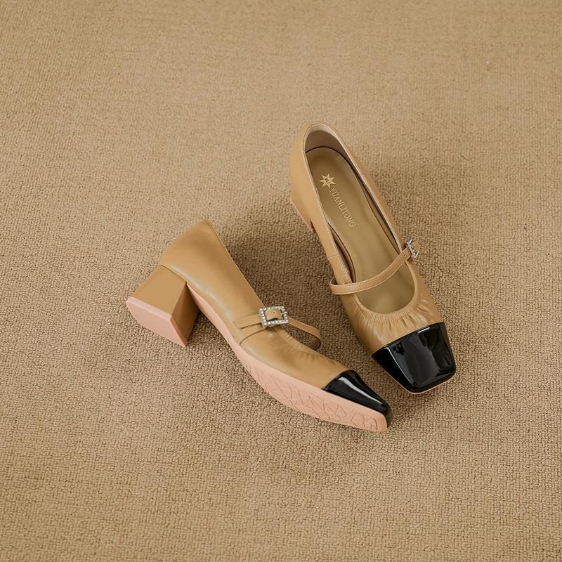 The first layer of sheepskin is comfortable and breathable, single shoes, women's fashion 2025 new temperament high heels, thick heels are not tired,